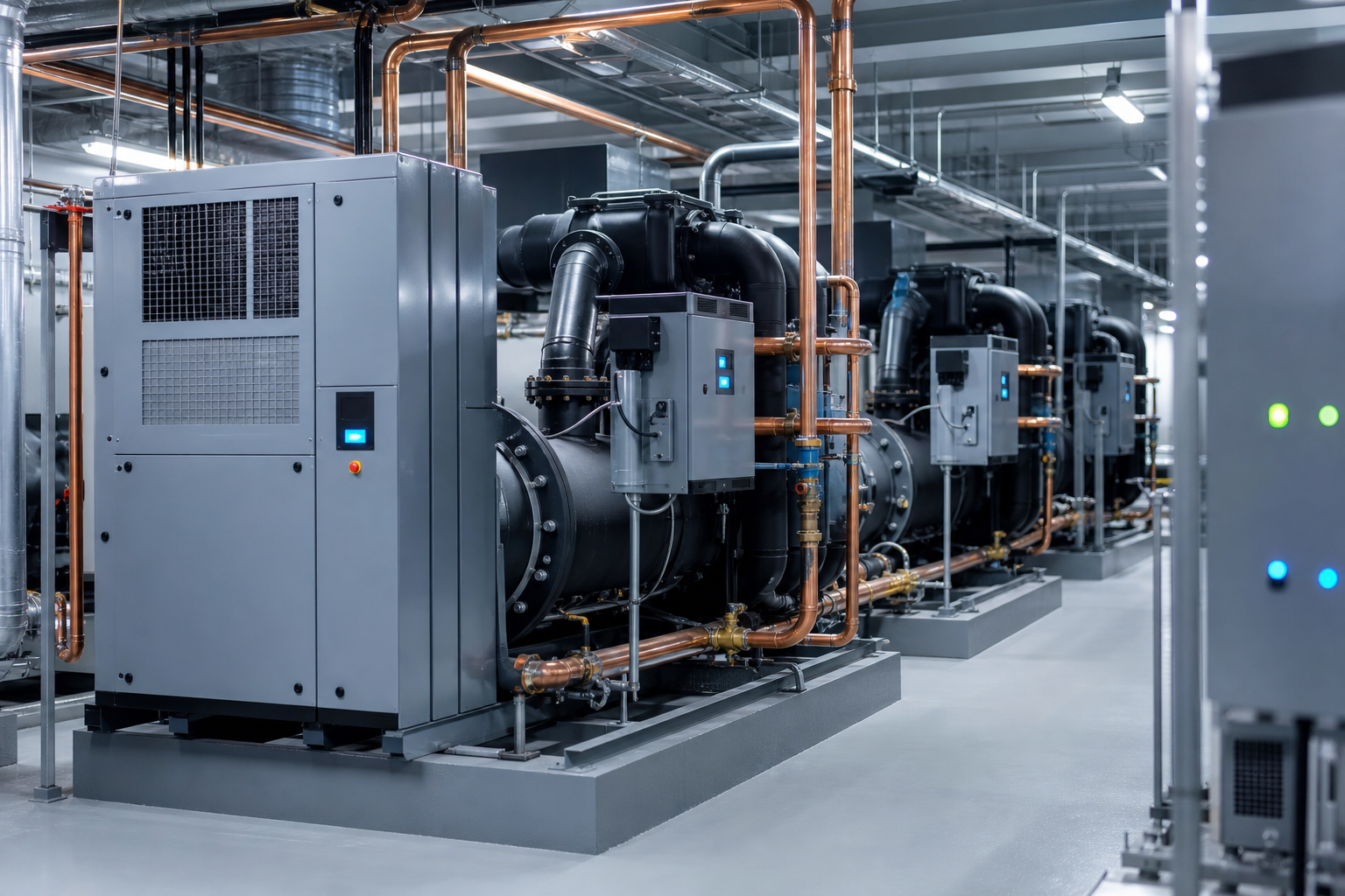 HVAC chiller equipment and pipework in a plant room