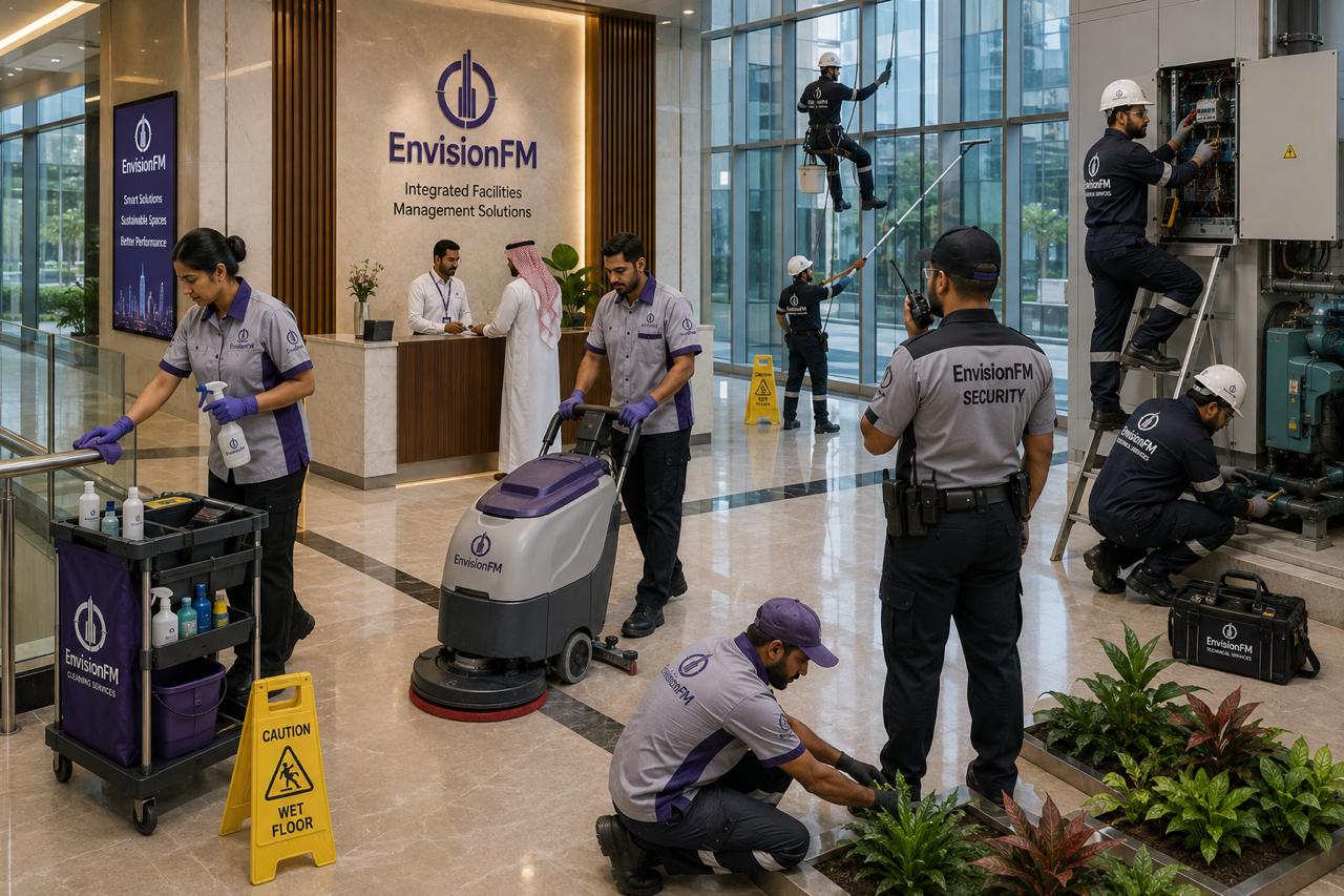 Cleaning, reception, security and technical maintenance in a commercial building