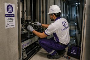 Technician maintaining an elevator mechanism