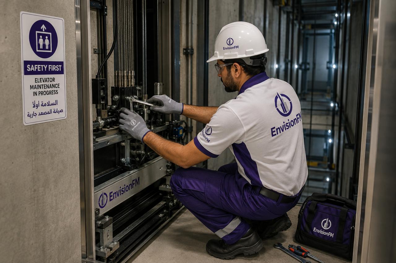 Technician maintaining an elevator mechanism